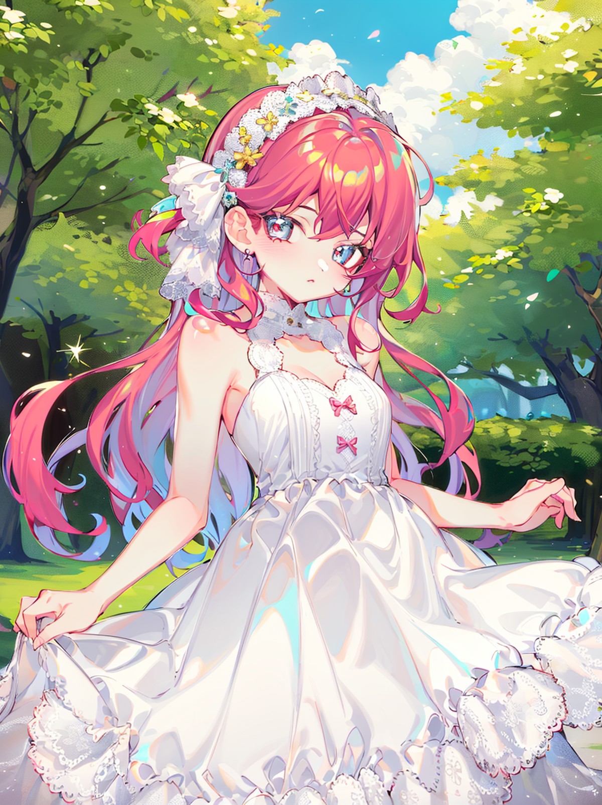 best quality, 1girl, solo, upper body, <lyco:mayo-000011:1.0>, pink hair, white dress